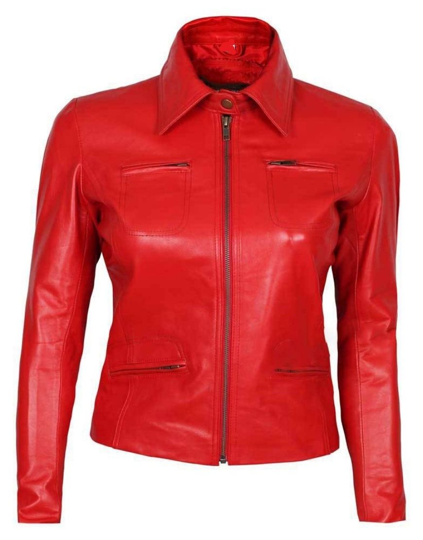 Women Slim Fit Red Biker Leather Jacket
